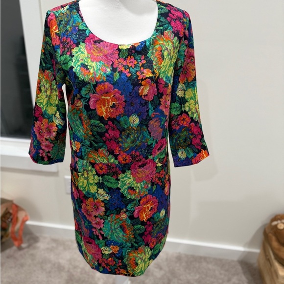 HD in Paris Blue and Black Sheath Dress 3/4 Sleeve Scoop Neck - Picture 1 of 2